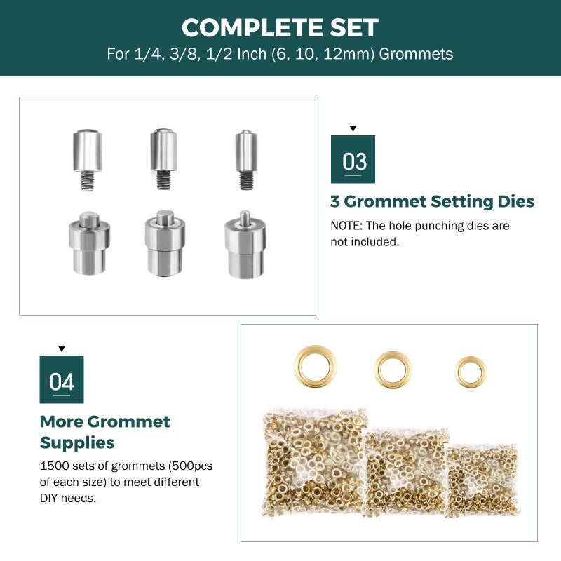 BEAMNOVA Grommet Tool Kit Hand Press Eyelet Setter Machine 1/4, 3/8, 1/2 Inch (6, 10, 12 mm) Setting Dies, 1500 Golden Grommets - Image 5